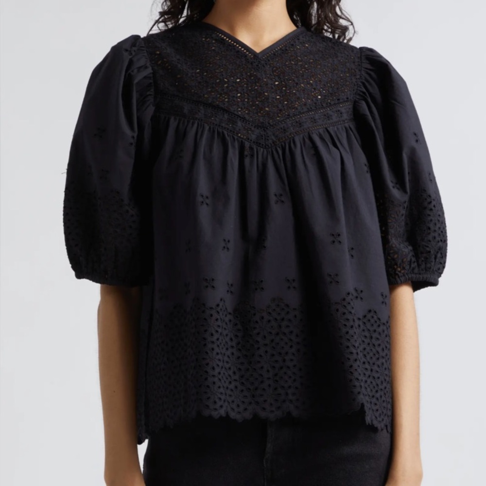 Ulla Johnson Black Eyelet Broderie Puff-Sleeve Top